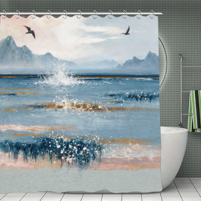 Coastal Wave And Seagull Landscape Shower Curtains, 71X71