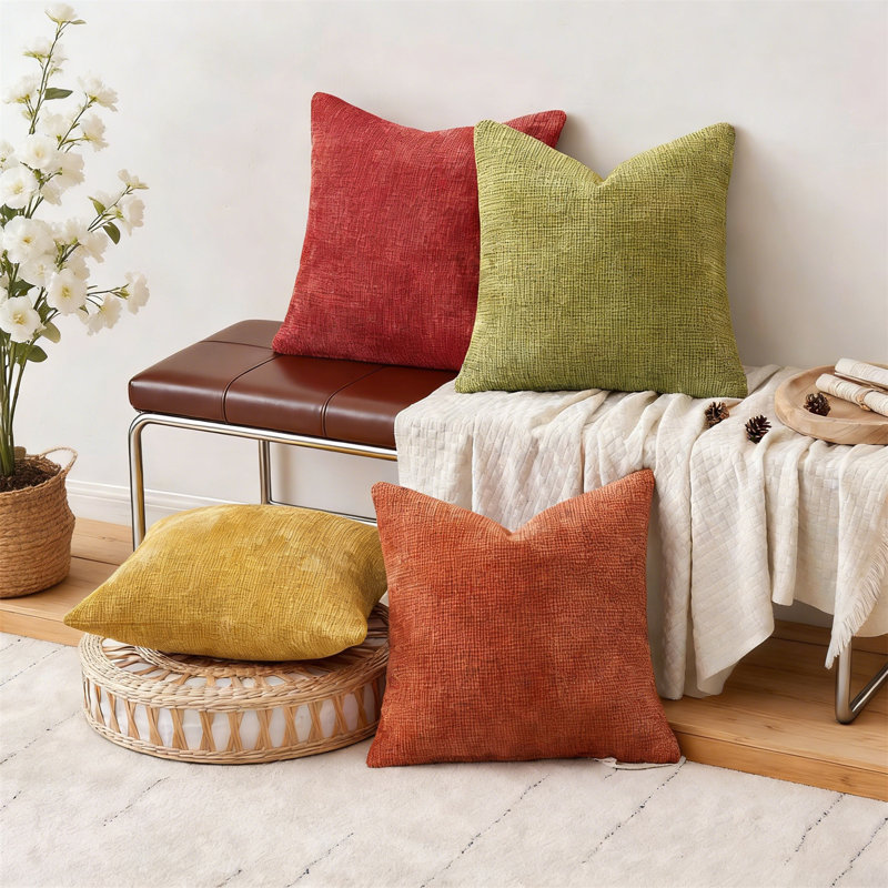 Set Of 4 16X16 Inch Burnt Orange Yellow Green Chenille Throw Pillow Covers, Farmhouse Boho Accent, Yellow Orange