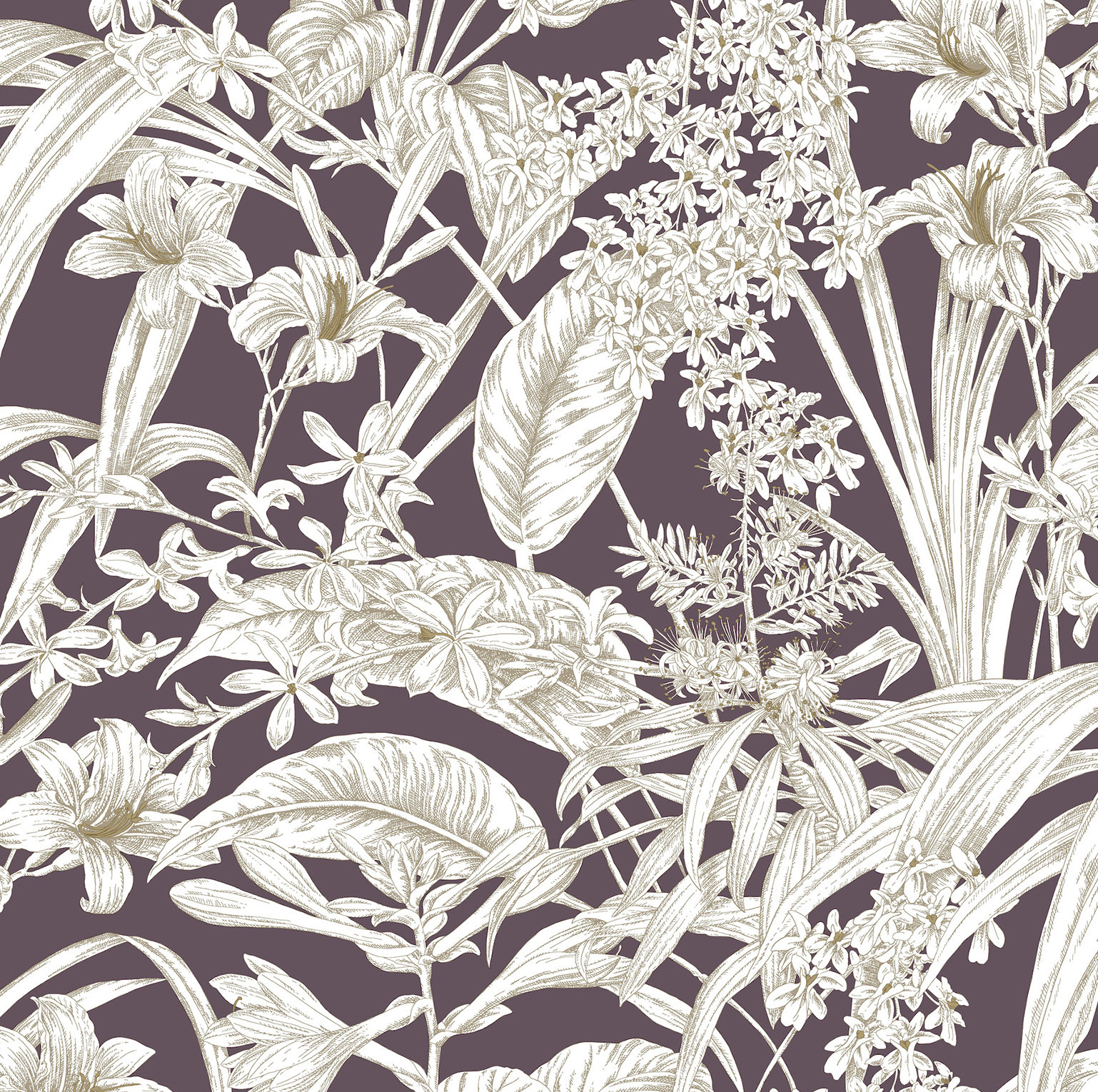 Conservatory Toile Floral,Solids Wallpaper, Mulberry