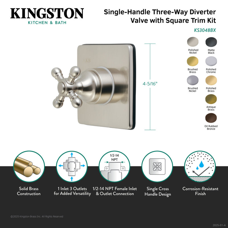 Kingston Brass Single-Handle Wall Mount Three-Way Diverter Valve with Trim Kit, Antique Brass