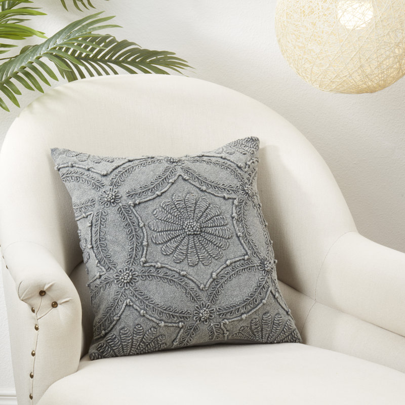 Gray Embroidered Cotton Square Throw Pillow, 18"x18"