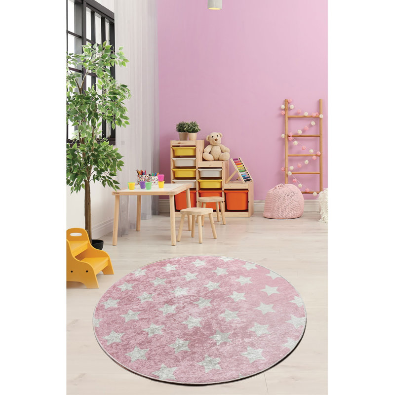 Luxurious Round Area Carpet, 6.6 ft Diameter, Pink & White | 100% Polyester, 0.2 in Pile Height, 0.4 in Total Thickness | Antibacterial, Non-Slip, Machine Washable at 30°C | Perfect for Living Room & Bedroom Decor
