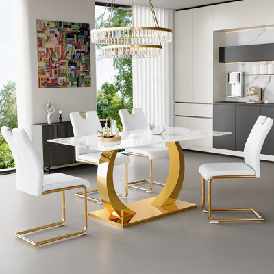 Ensemble de table de salle à manger de luxe moderne de 63 pouces avec 4 chaises rembourrées, plateau en verre trempé blanc et base réglable en acier inoxydable, table convertible pour plusieurs convives, mobilier de maison tendance