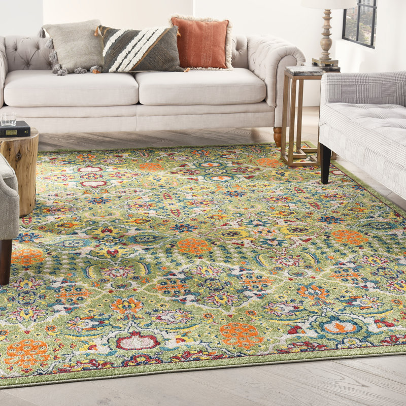 Tapis vert / orange / ivoire tissé à la machine Weylyn, Rectangle 7 pi x 10 pi