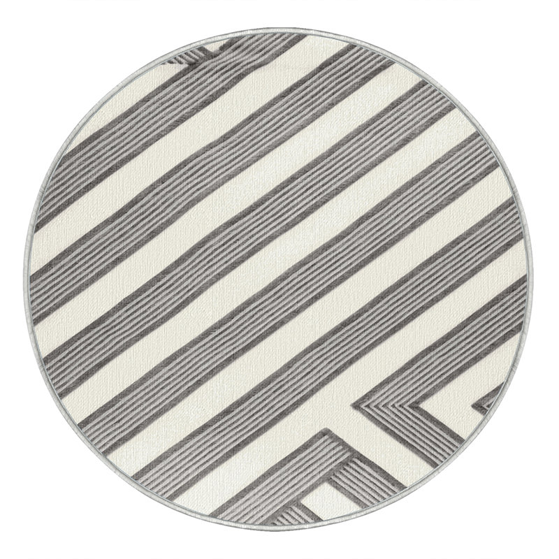  Tapis blanc lavé rayé gris clair, Rond 5 pi