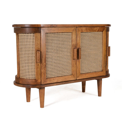 Solid Mango Wood Sideboard Buffet Cabinet With Cane Doors – Light Oak Finish Storage Cabinet, No Veneer Wooden Credenza Console Table, Fully Assembled With Legs To Attach, Mid Century Modern Furniture