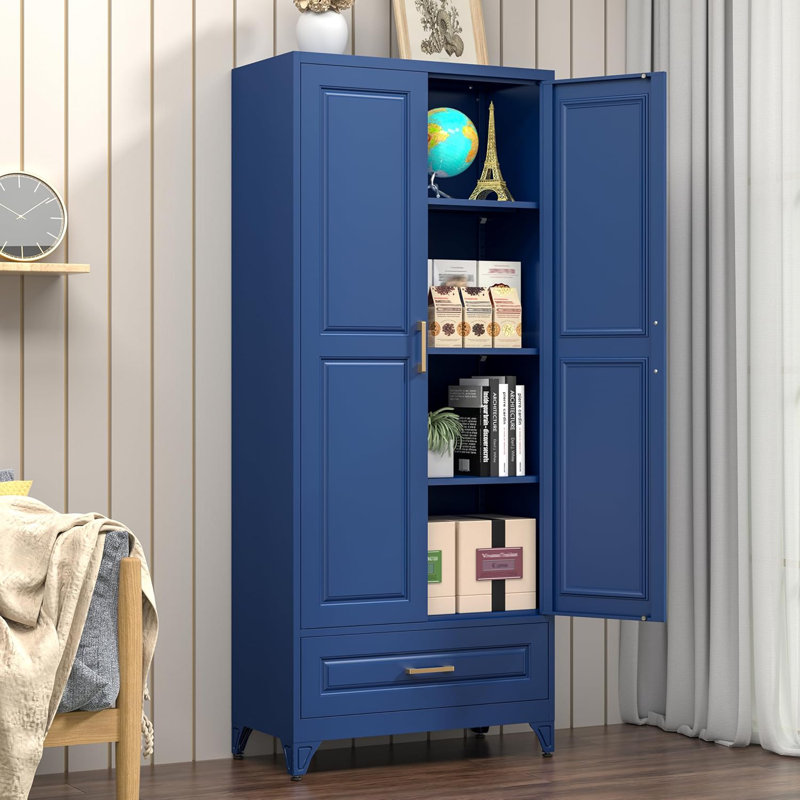 Blue Metal Storage Cabinet,75" Tall Kitchen Pantry Storage Cabinet with Doors and Adjustable Shelves, Metal Pantry Cabinets with Drawer, Large Cupboard for Kitchen, Dining Living Room