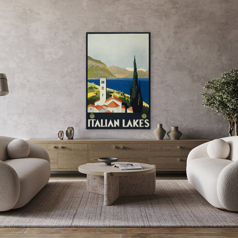 Lacs italiens minimalistes; Illustration de voyage et carte moderne, H 48 po x l 32 po