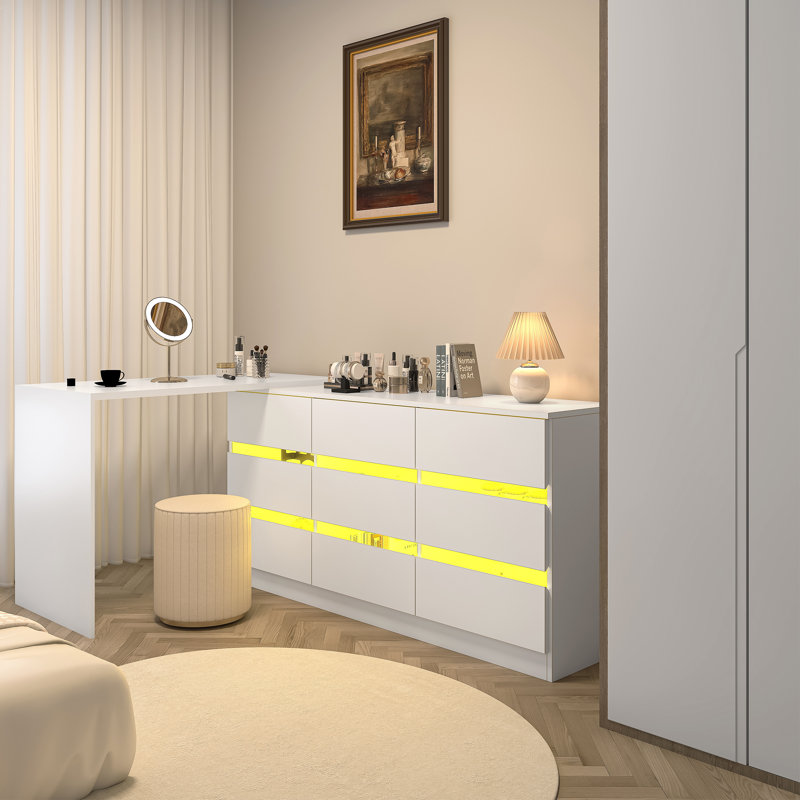 White Modern 9-Drawer Dresser with LED Lights