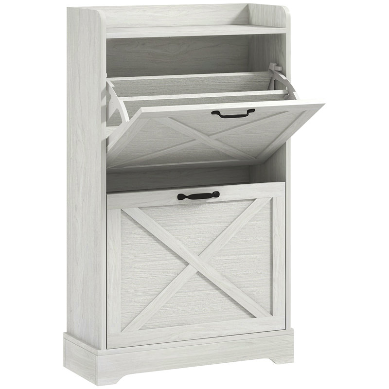 Armoire à chaussures cachée blanc patiné avec 2 tiroirs rabattables et tablettes réglables pour 8 paires (entrée)