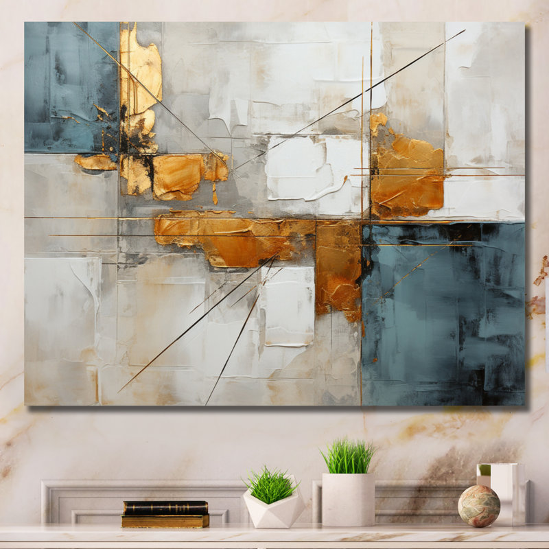 Or gris, géométrie brillante IV - Collages abstraits, art mural, H 24 po x l 32 po x P 1 po, Toile tendue