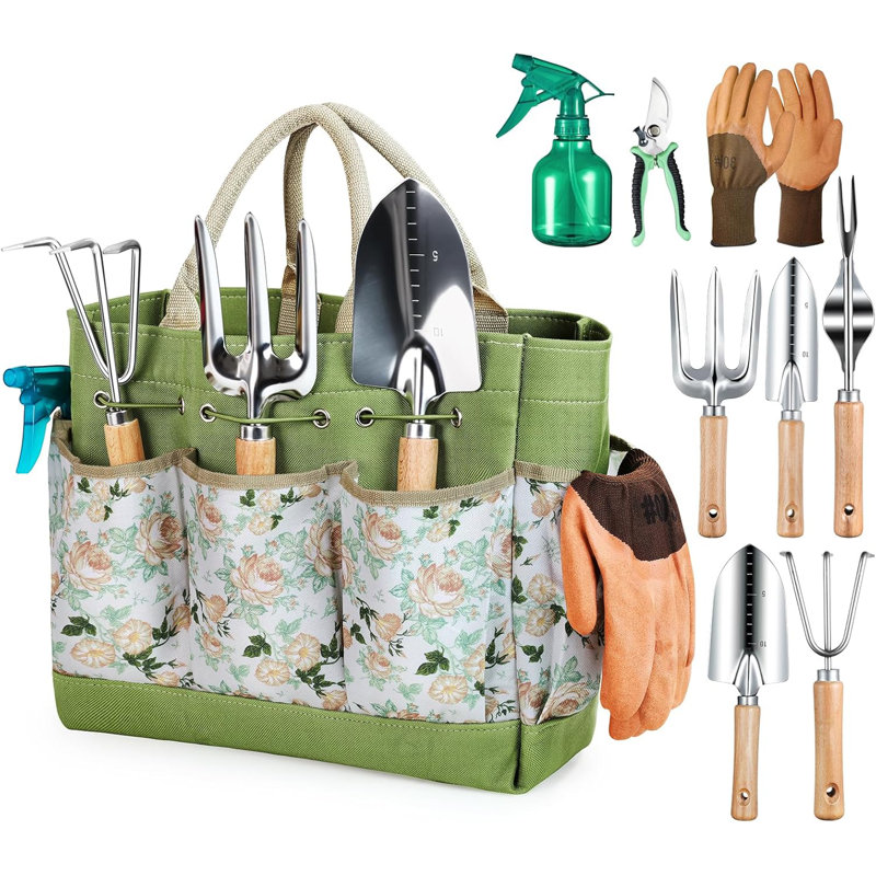 Justincity 9-Piece Garden Tool Set, Heavy Duty Gardening Hand Tools With Fashion Organizer Handbag, Gardening Gifts (Red Black) 042SA10-428D