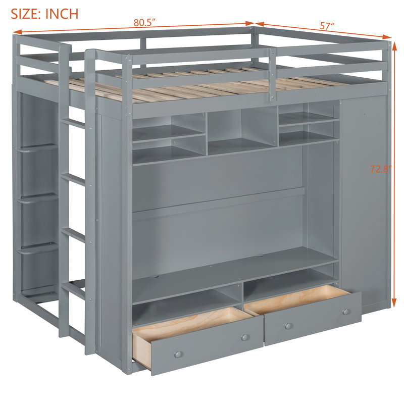 Full Size Loft Bed with Built-in Drawers, Storage Shelves & LED Light, Space-Saving Bed Frame for Kids and Teens, Gray