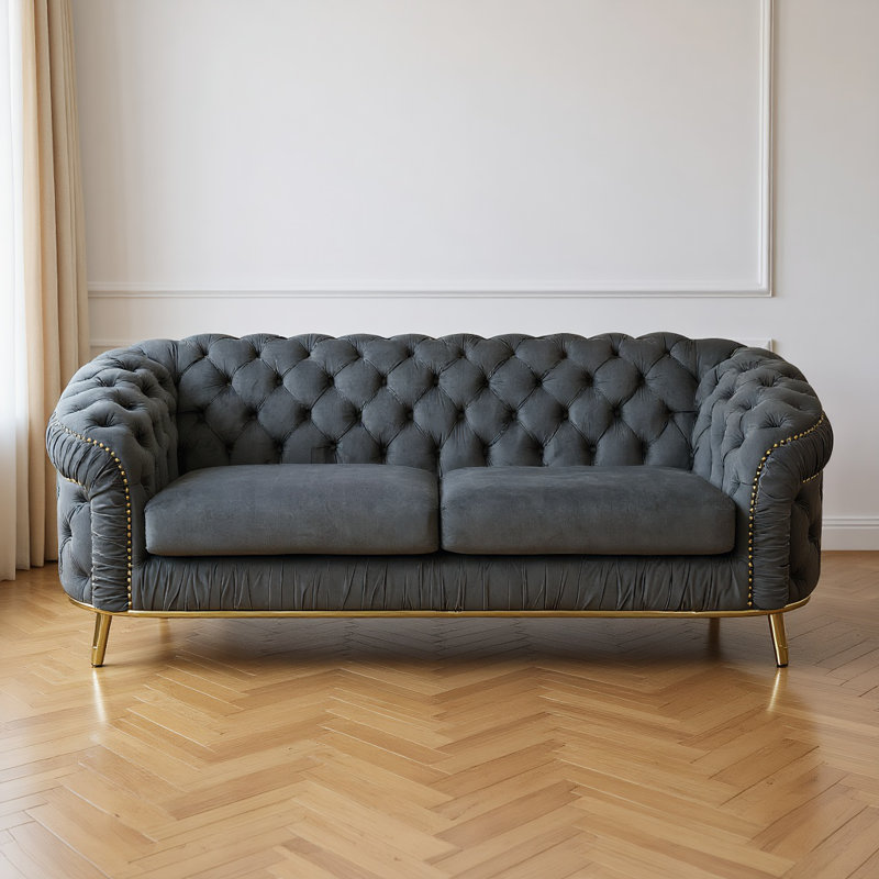 Ilidio 90'' Upholstered Luxe Tufting,Cloud-level comfort Sofa, Gray Microfiber/Microsuede, 32'' H X 90'' W X 36'' D