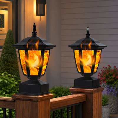 2-Pack Solar Fence Post Lights with Flickering Flame Effect, Waterproof LED Lanterns for Garden and Deck, Fits 4x4, 5x5, or 6x6 Wooden Posts
