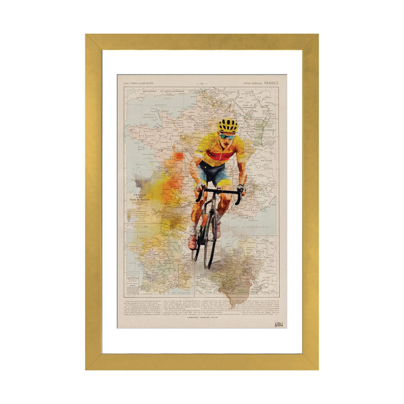 Tour de France, aquarelle, Papier avec cadre doré doré, Blanc, H 24 po x l 16 po x P 1 po