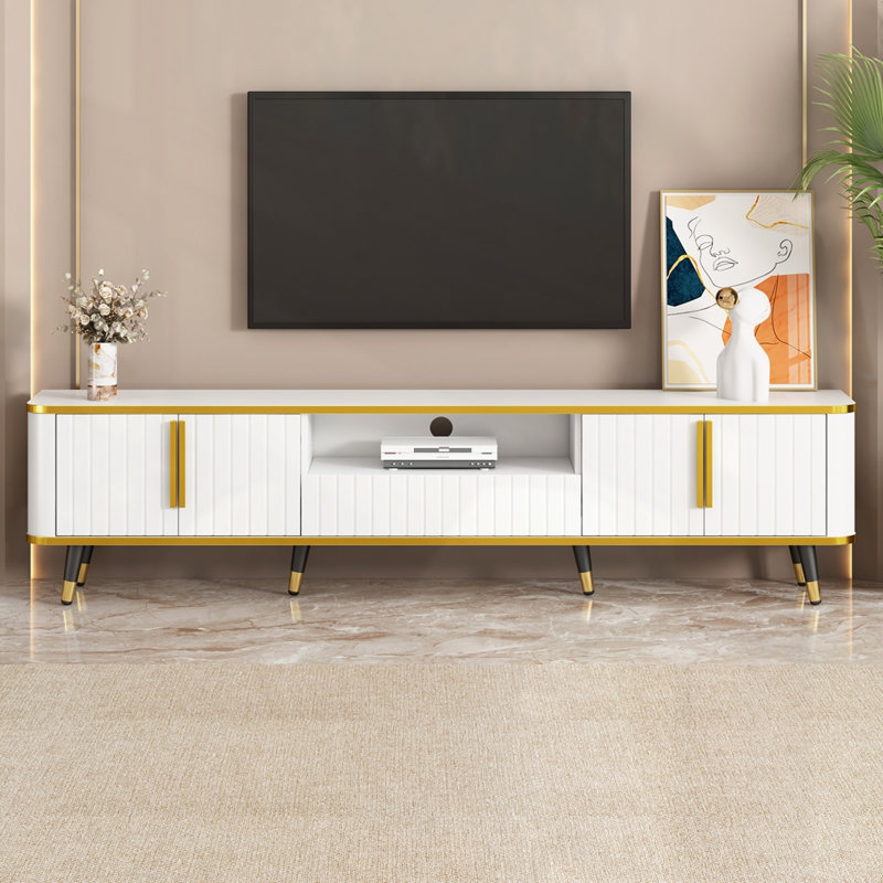 Meuble télé avec tablette de rangement ouverte pour téléviseur de 85 po ou moins, Blanc / Doré