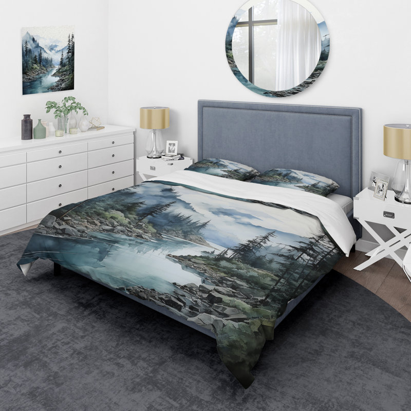 Ensemble de housse de couette gris et bleu minimalisme Forest Reflections II - Minimalisme