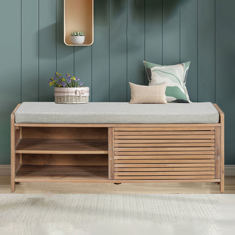 43" Wide Shoe Storage Bench With Cushion Entryway Bench, Natural