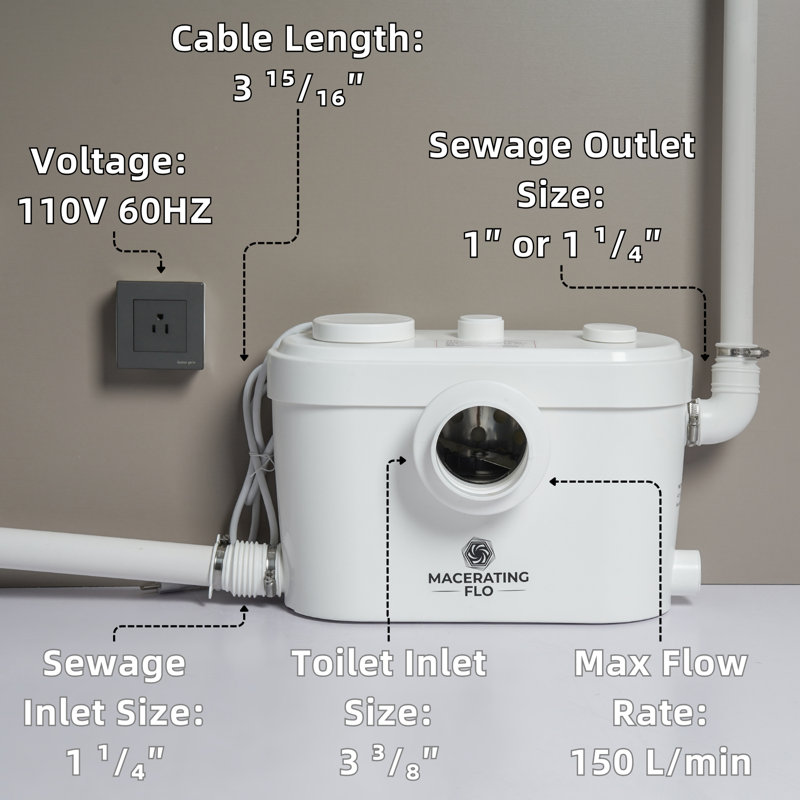 MaceratingFlo 750W Macerating Toilet System, Compact Basement Upflush Toilet with Extension Pipes