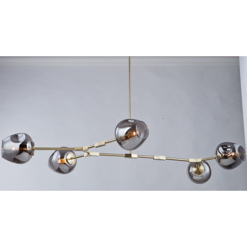 Industrial 5 Light Brass Linear Shade Chandelier, Brass, Smoke