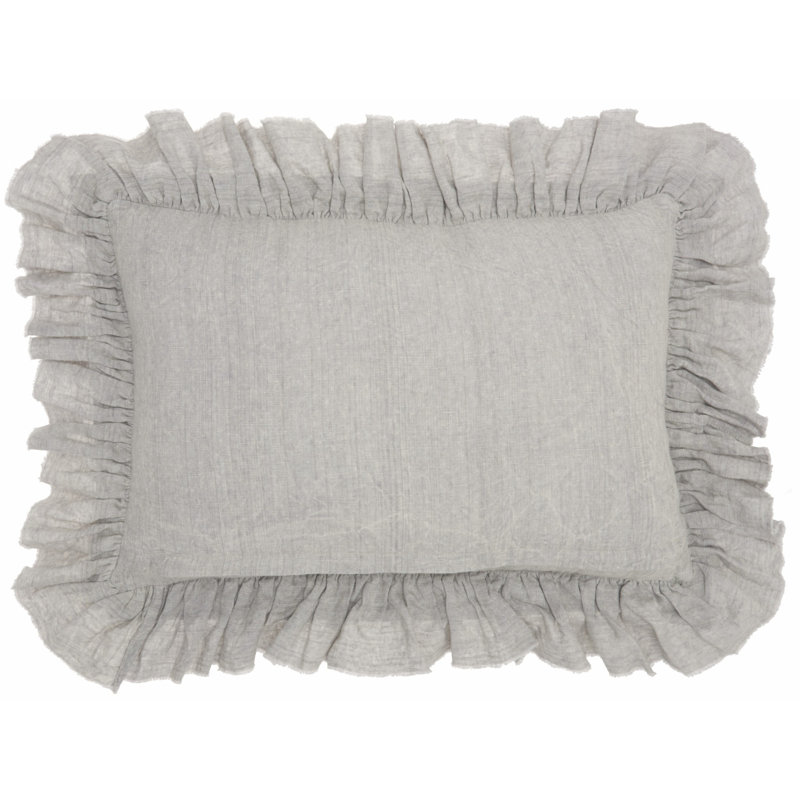 Gray Linen Rectangular Throw Pillow with Frilled Border