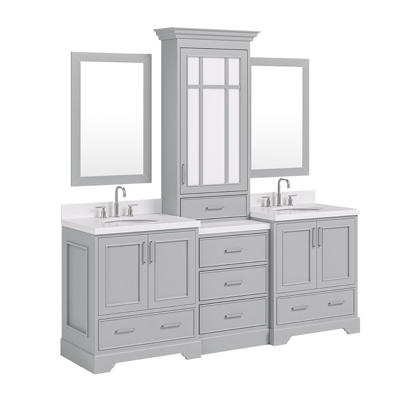 Ensemble de meuble-lavabo double 84,25 po avec plateau en quartz et miroir Abshire, Gris