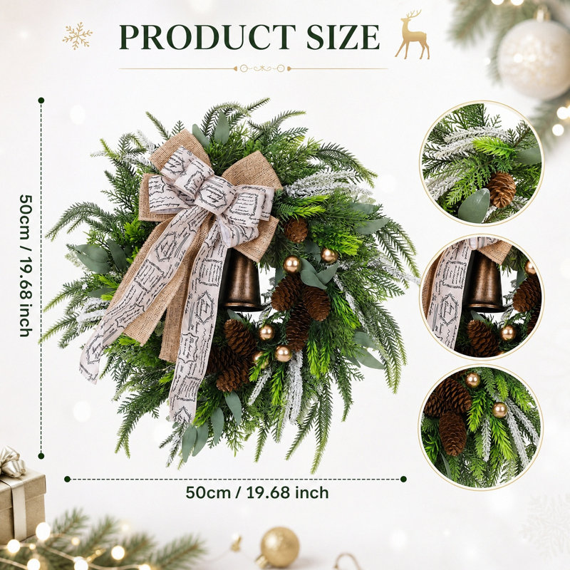 Couronne de Noël artificielle en pin de 50 cm avec nœud en toile de jute, pommes de pin et cloche en métal, décoration hivernale pour porte d'entrée
