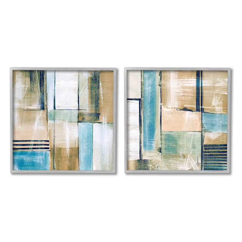 Ensemble de 2 estampes contemporaines géométriques neutres encadrées par Susan Jill, H 12 po x l 12 po x P 1,5 po