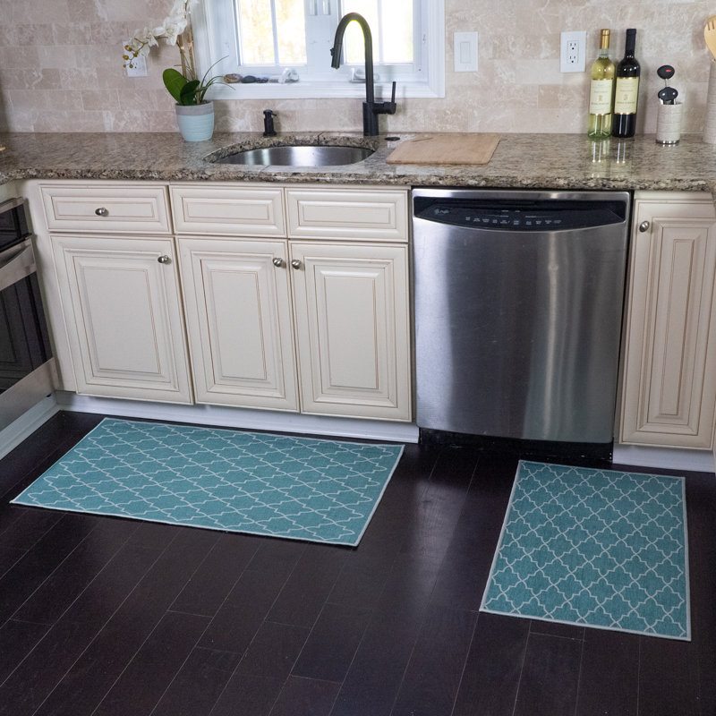 Devlan Geometric Non-Skid Kitchen Mat, Turquoise