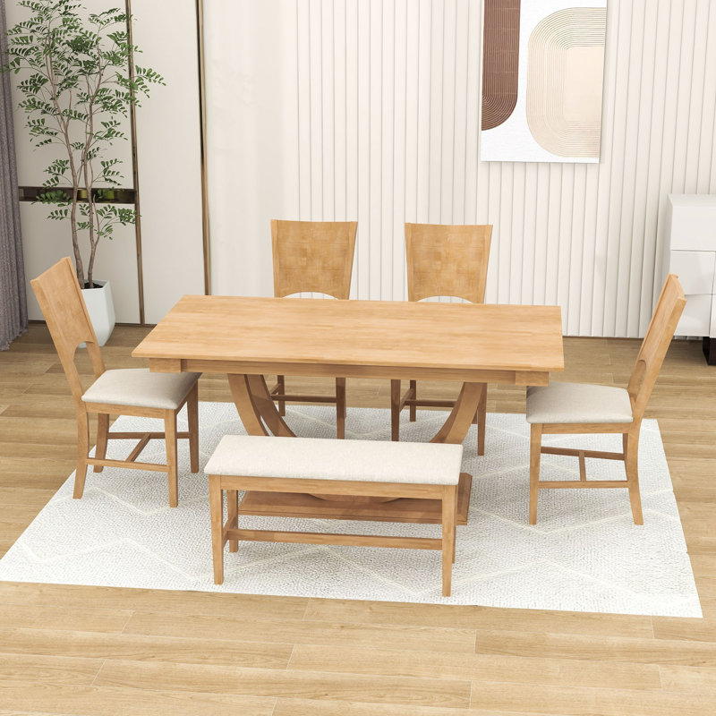 Burg 6 - Piece Pedestal Dining Set, Kitchen Table Set with Bench and 4 Dining Chairs, Natural