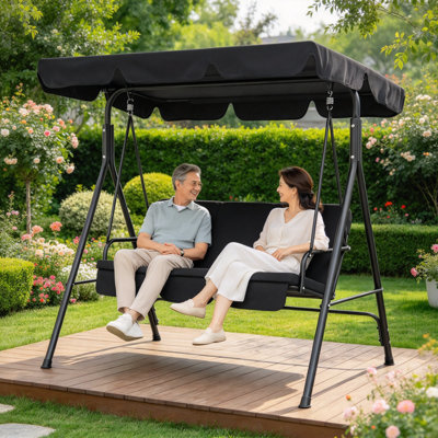 Balancelle de jardin 3 places, coussin et auvent noirs