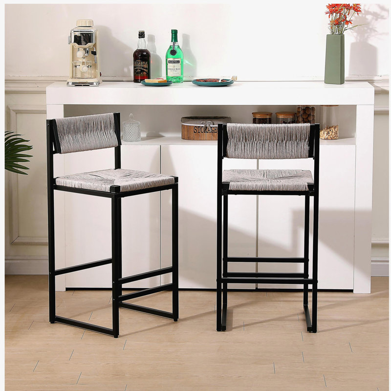 Ensemble de 2 tabourets de bar gris tissés à la main avec tabouret à hauteur de comptoir et tabouret de bar en papier tissé pour la cuisine, la maison et le bureau (gris)