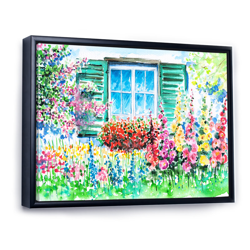 Géranium rouge devant une fenêtre bleue - peinture sur toile, H 30 po x l 40 po x P 1,5 po, Cadre flottant noir