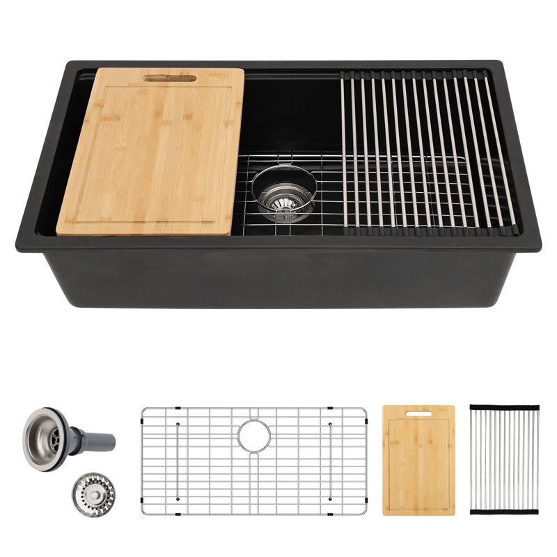 Évier de cuisine à cuve simple encastré en composite de granite avec drain et grille d'évier L 33 po x l 19 po Quartz, Noir