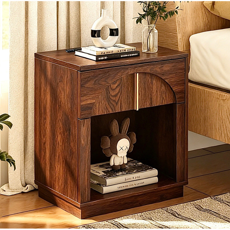 18"W Modern Arched Nightstand with Charging Station, Bedside Table with Drawer and Open Shelf, Brown, Individual