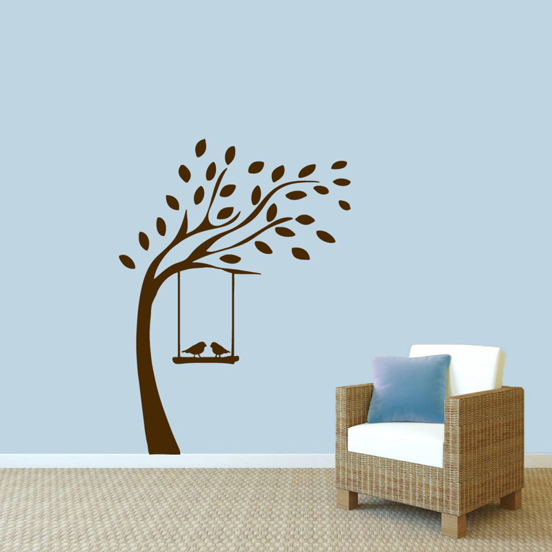 Décalcomanie murale arbre avec oiseaux sur balançoire, Brun