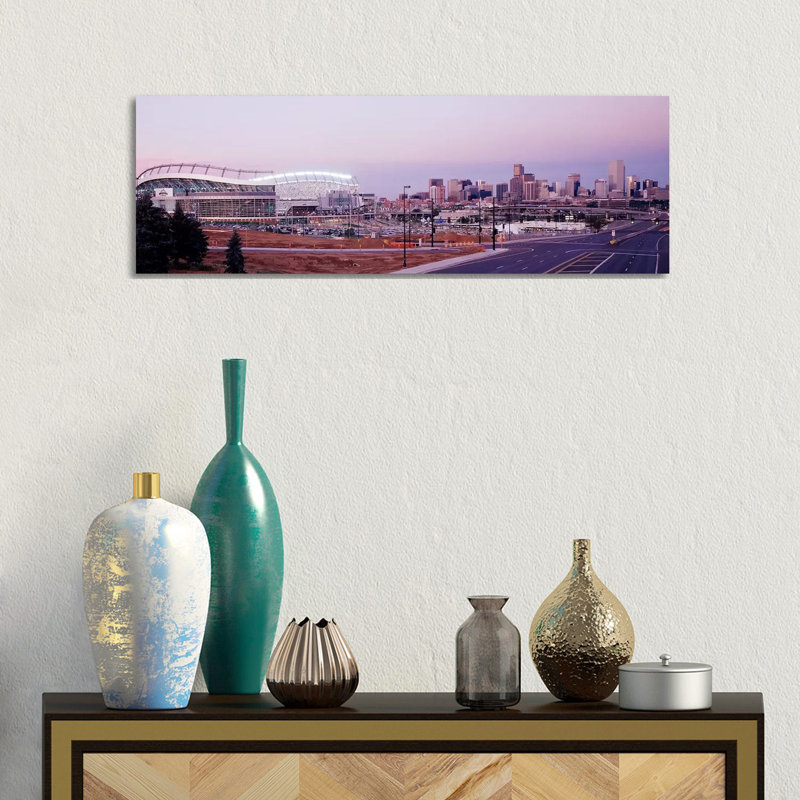 USA, Colorado, Denver, Invesco Stadium, Skyline at Dusk 1 Piece Wrapped Canvas Panoramic Wall Art
