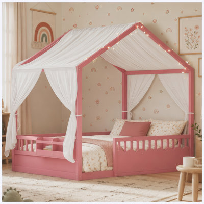 Full Size Montessori Canopy House Bed for Kids, Wooden Floor Bed with Guardrails, Door, Warm Lights & Bookshelf, Pink