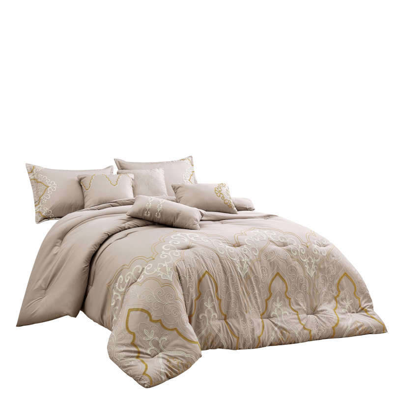 Ensemble d'édredon 7 pièces Mahalia Luxury, Grand édredon et 6 pièces supplémentaires, Or doré / taupe