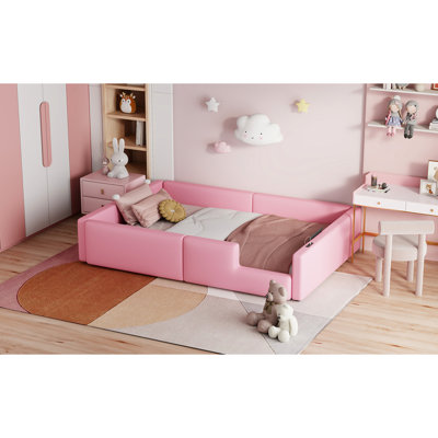 Pink Upholstered Twin Bed With Guardrail And Charging Station - Elegant Design, Functional Size Platform Full Length Wood Construction
