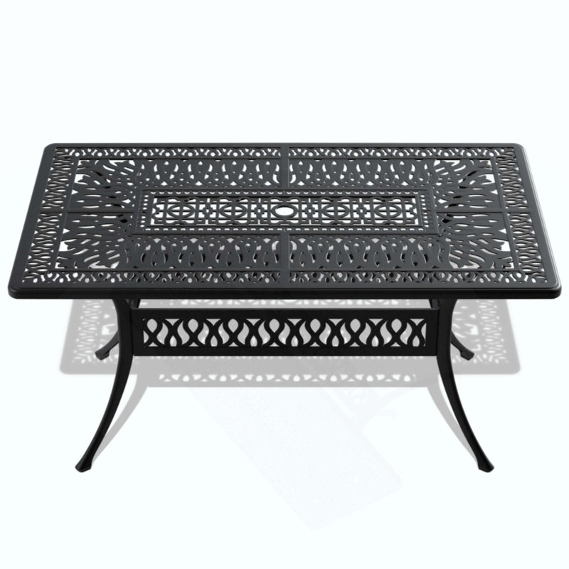 Table de salle à manger en fonte d'aluminium avec cadre et trou pour parasol