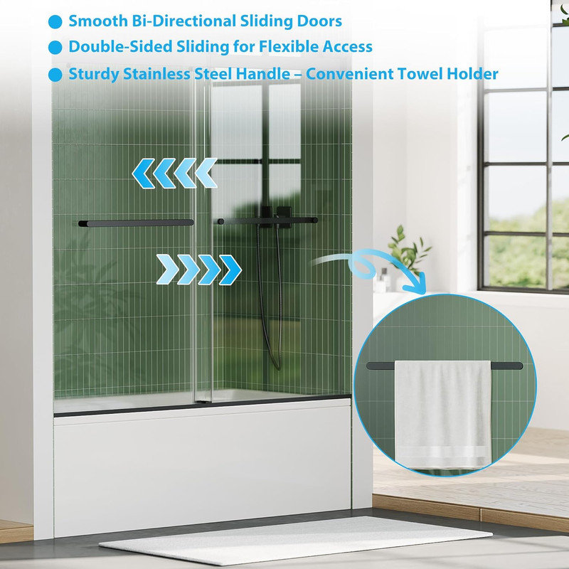 Frameless Sliding Shower Glass Door 59-74" H, 6mm Tempered Glass with Stainless Steel Track, Matte Black