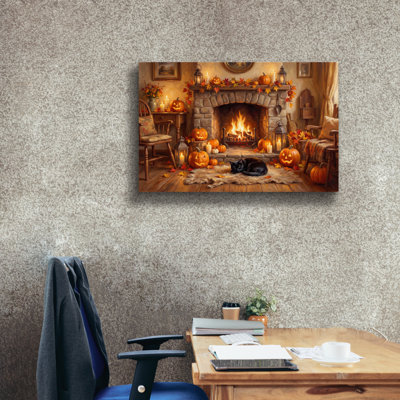 «Halloween Pumpkin Fireplace» par Veve, art mural sur toile, 18 po x 12 po