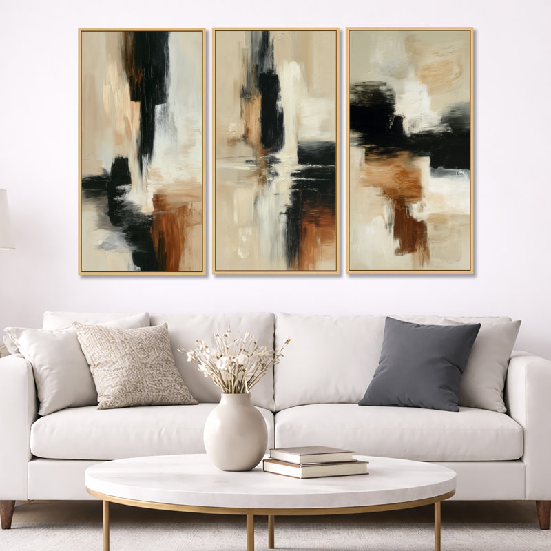 «Black and Brown Brushstroke», ensemble de 3 toiles abstraites encadrées, H 40 po x l 60 po, Cadre flottant en bois naturel