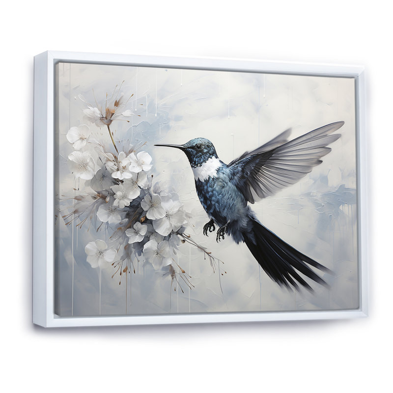 Colibri harmonie florale I sur toile, Cadre flottant blanc, H 16 po x l 32 po x P 1 po
