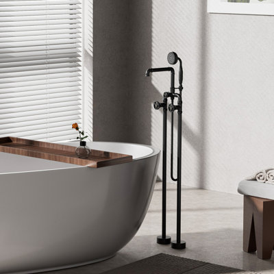 Robinet de baignoire sur pattes à deux poignées avec douchette sur pied