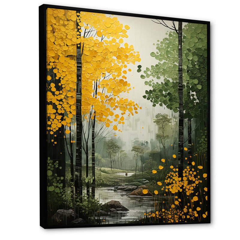 Canopée orange, arbres verts, patchwork II - art mural de salon, H 40 po x l 30 po x P 1,5 po, Cadre flottant noir