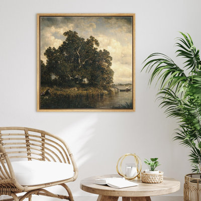 " Vintage Countryside Landscape Painting with Lush Trees and Serene River Nature Illustrations Zen " Print