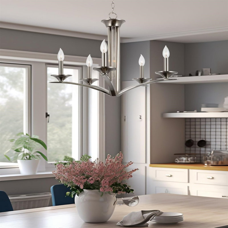 25" Contemporary 5-Light Candle Chandelier Lighting Fixture, Adjustable Hanging Height, Brushed Nickel Finish